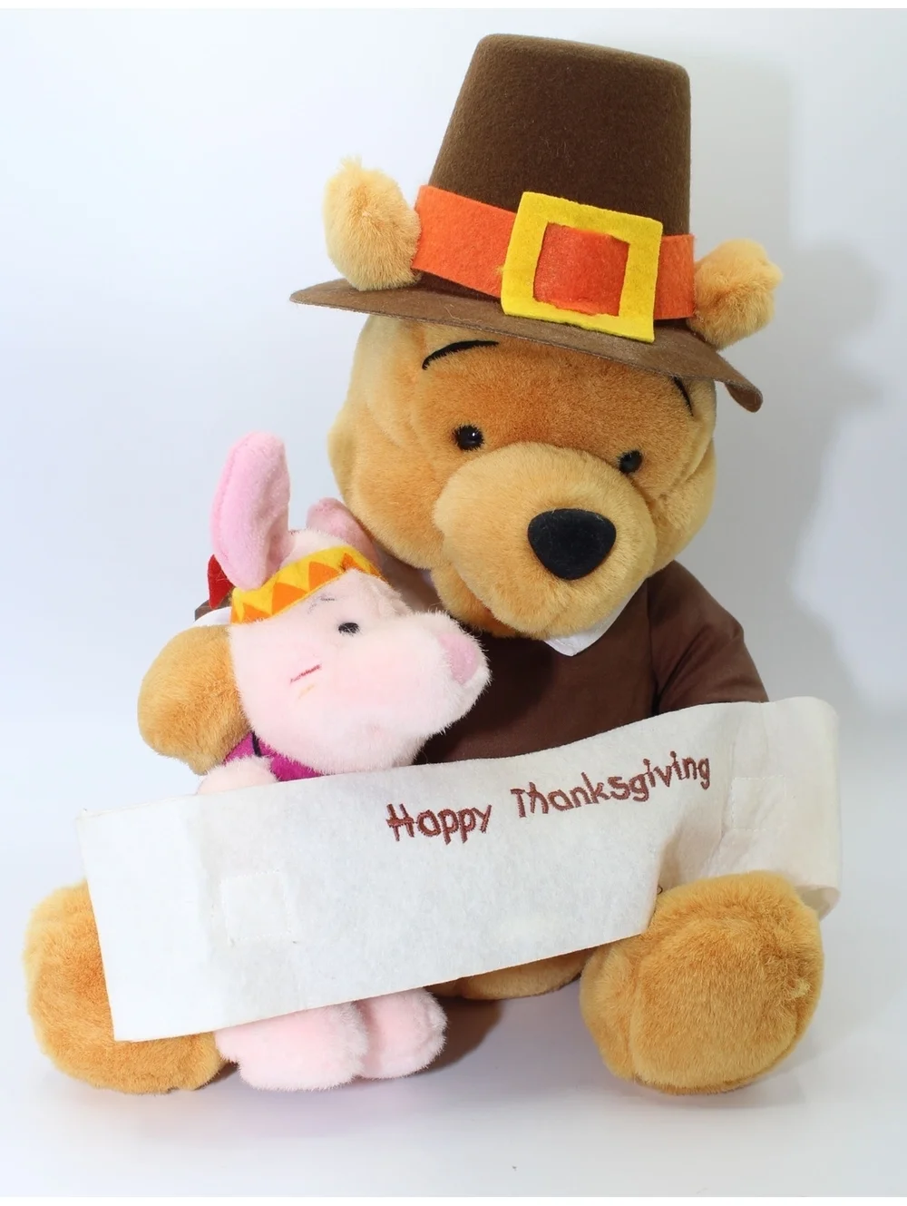 VTG Disney Winnie the Pooh Pilgrim & Piglet Indian Happy Thanksgiving Plush Doll
